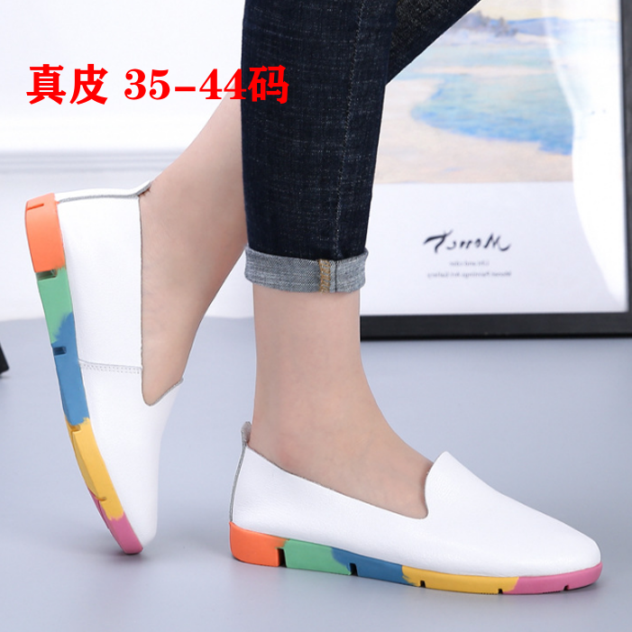 真皮豆豆鞋女一脚蹬休闲乐福鞋白色软底平底单鞋424344大码女鞋