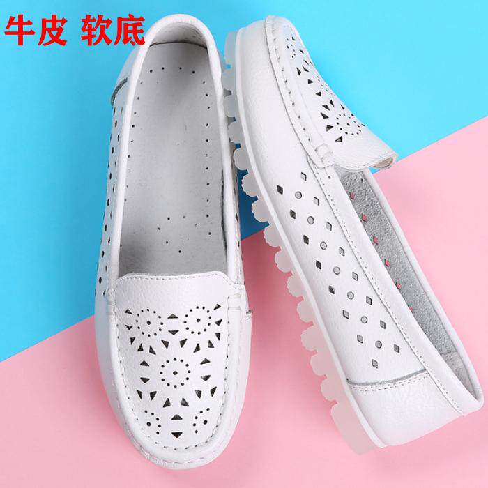 夏季真皮休闲镂空白色洞洞豆豆鞋女软底透气一脚蹬平底不累脚凉鞋