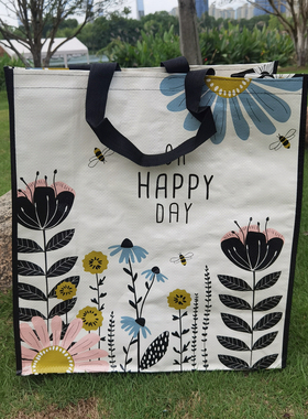 外贸原单超大号小蜜蜂花朵防水编织购物袋超市手提袋衣物收纳袋