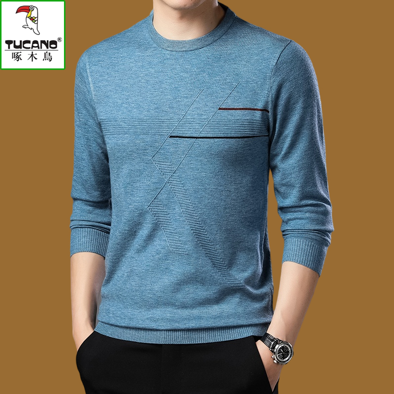 啄木鸟男士羊毛衫圆领秋季薄款针织休闲毛衣中年长袖纯色打底衫男