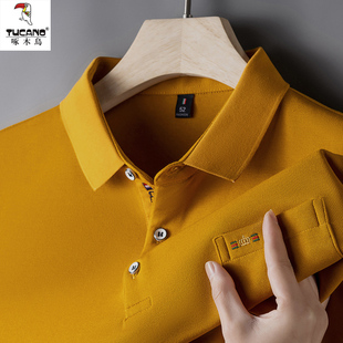 啄木鸟中年男士长袖t恤有口袋纯棉体恤休闲翻领爸爸春装上衣polo