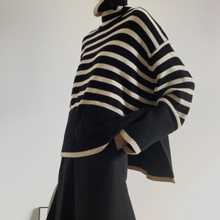 VB法式优雅 秋冬美丽诺重磅羊毛套头毛衣条纹大袖子显瘦针织衫