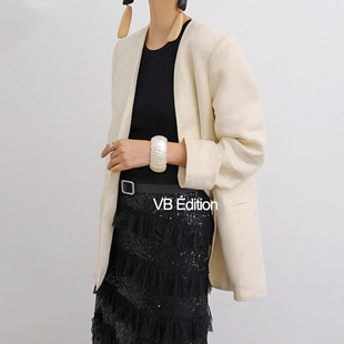 VB法式简约夏季立体白色无领西装亚麻西服防晒垫肩宽松休闲外套女