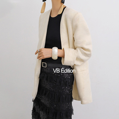 VB法式简约夏季立体白色无领西装亚麻西服防晒垫肩宽松休闲外套女
