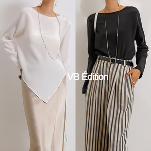 VB法式简约重磅真丝下摆不对称衬衫一字领宽松桑蚕丝套头长袖上衣