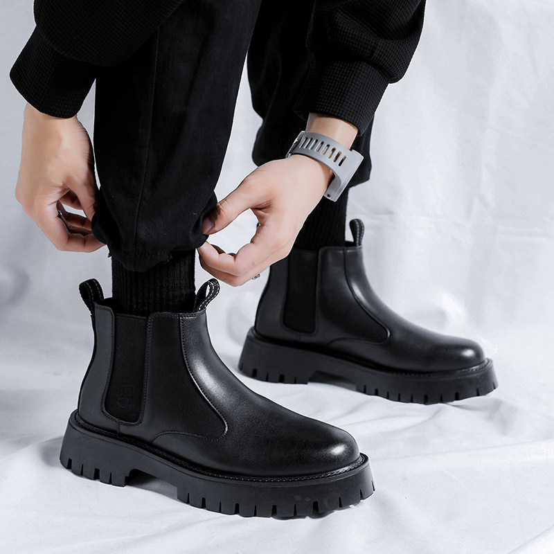 BRITISH STYLE LEATHER CHELSEA BOOTS MENS FASHION PREMIUM FLEECE CHIMNEY BOOTS MENS PLUS SIZE HIGH-TOP MARTIN BOOTS MEN