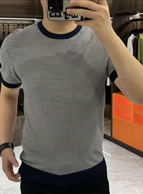 休闲短袖夏季新款条纹上衣修身T恤冰丝新款圆领百搭爆款针织衫潮