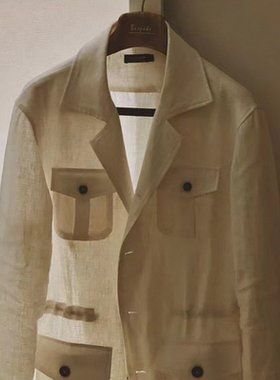 复古猎装外套春夏季新款休闲多口袋西服夹克重磅亚麻工装潮流上衣