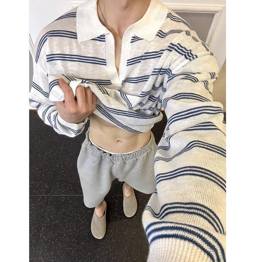 慵懒松弛感条纹小V领POLO薄针织衫/毛衣