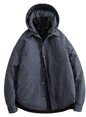 韩版潮流外套秋冬季新款加厚保暖格子衬衫式男士百搭帅气连帽棉服