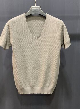 夏季新款男士冰丝半袖针织衫纯色V领短袖韩版修身薄款百搭打底衫