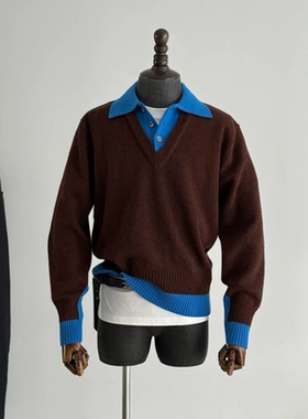 韩版双领拼接春秋季新款套头小众极简假两件舒适保暖针织衫毛衣潮