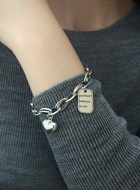 s925纯银复古手链男女爱心方牌吊坠小众设计ins冷淡风潮银饰戒指