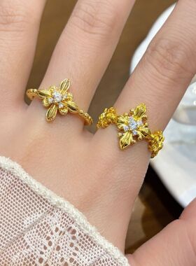 中古vintage轻奢金色十字鸢尾花戒指女新款高级感开口可调节指环