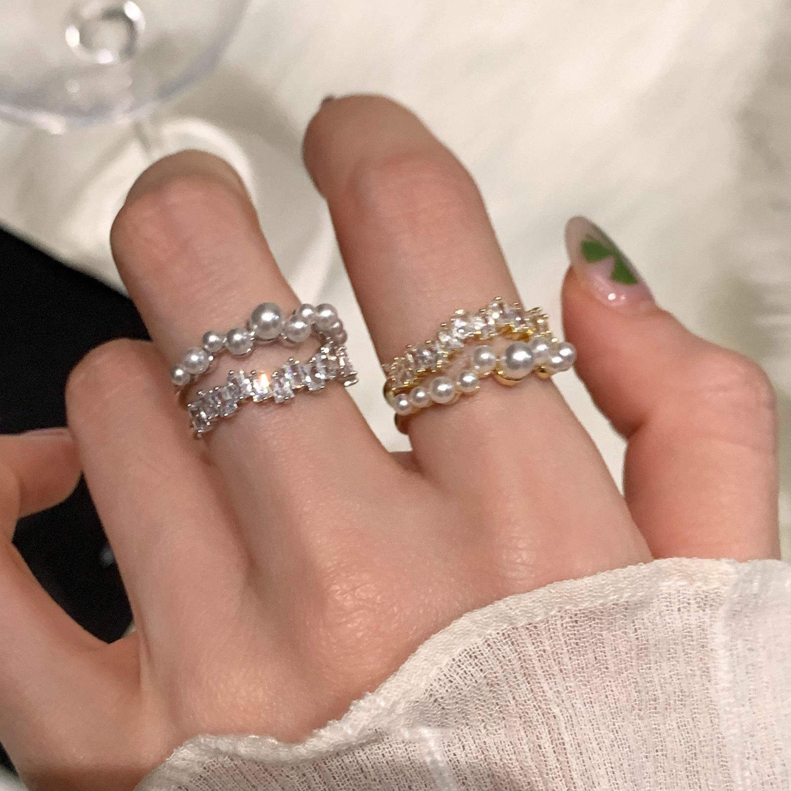 轻奢复古显白锆石珍珠双层开口戒指女精致时尚百搭小众高级感指环