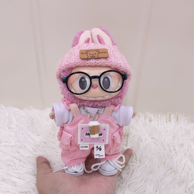 新一三代labubu娃衣17cm娃衣马卡龙拉布布衣服粉色工装背带裤