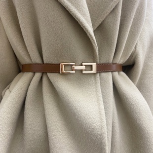 带新款 小腰带女真皮牛皮细窄皮带黑色简约百搭收腰装 饰配连衣裙裤
