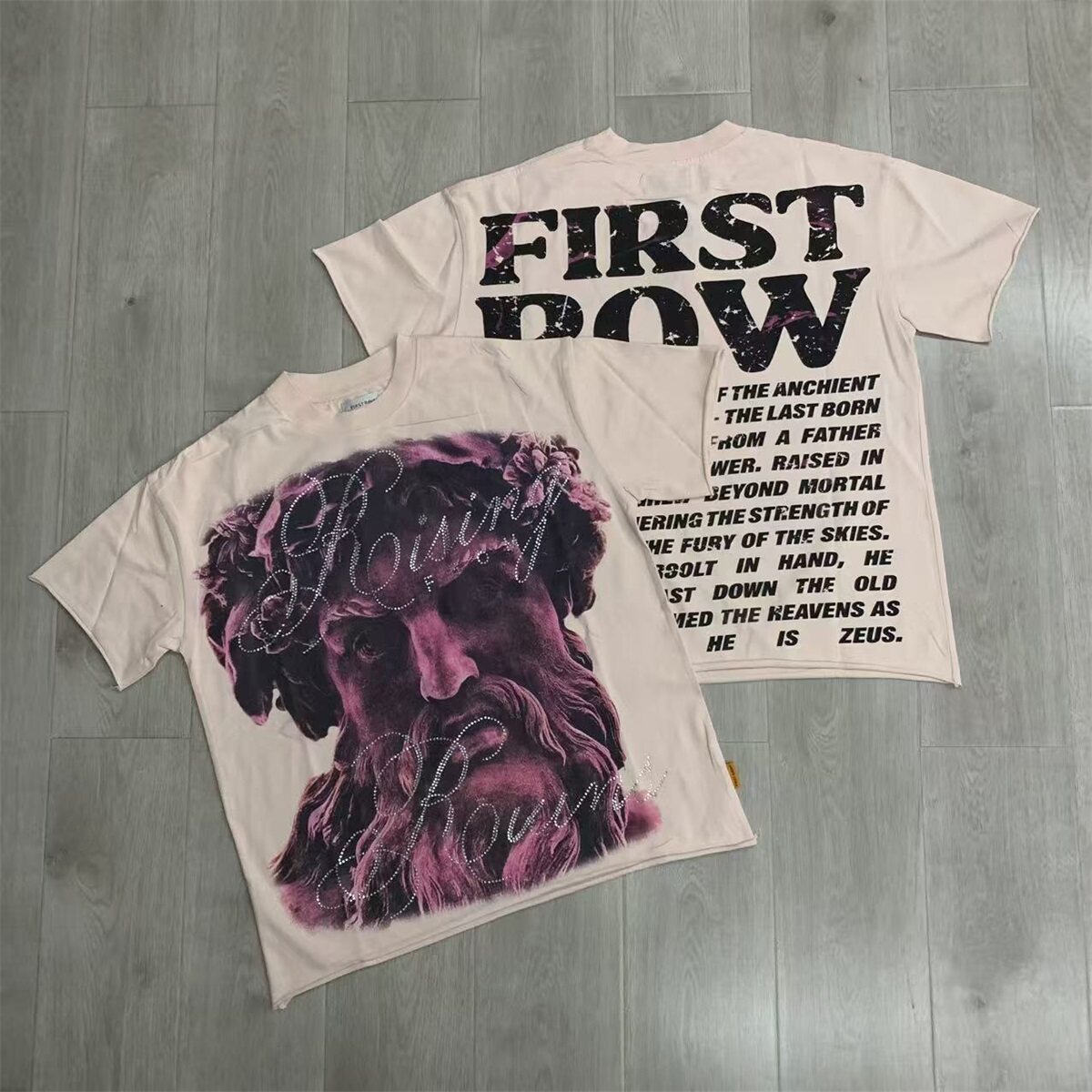FIRST ROW Tee 2026ss欧美街头潮牌烫钻粉色时尚青年男女短袖T恤