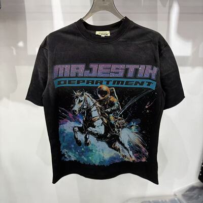 美式MAJESTIK潮牌高街烫钻短袖字母印花小众休闲宽松男女同款ins
