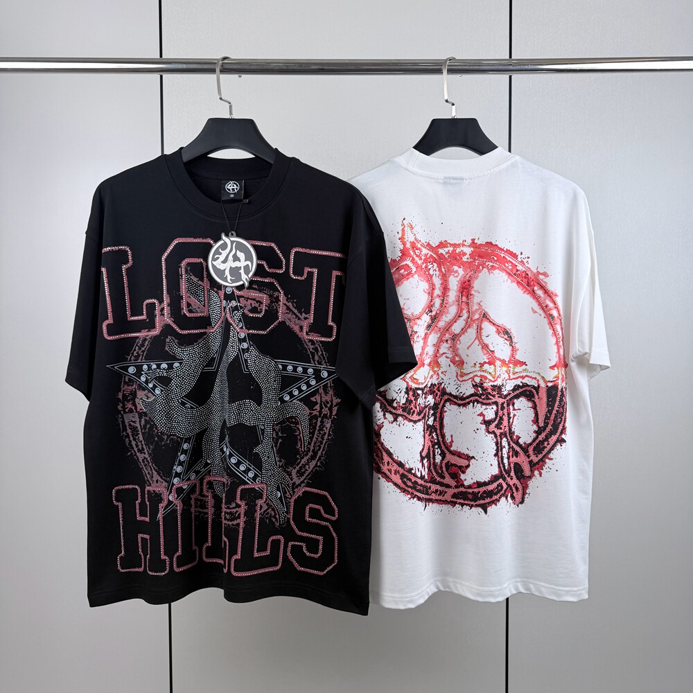 Lost hills小众美式潮牌高清白墨直喷印花烫钻LOGO纯棉短袖T恤潮图片
