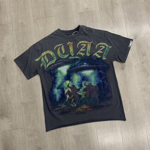 Duaa Cowboy Tee Shirt Grey洛杉矶街头破洞洗水做旧烫钻短袖T恤