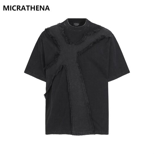 MICRATHENA新款美式重磅毛边t复古洗水做旧宽松青年男女情侣短袖