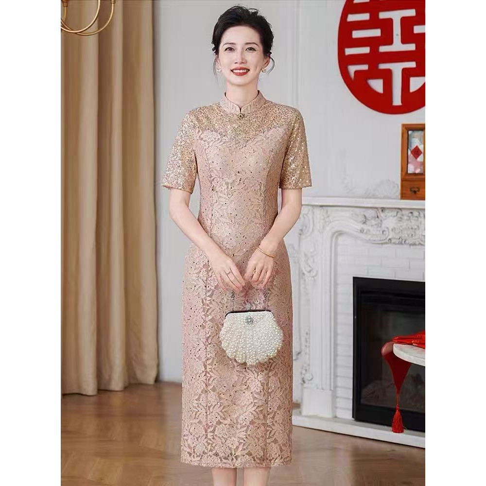 喜妈妈结婚宴会礼服喜婆婆香槟色短袖蕾丝旗袍年轻显瘦连衣裙