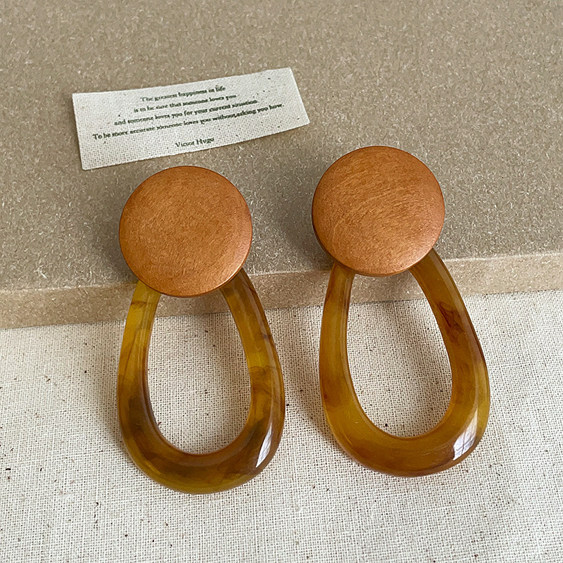 几何椭圆缕空琥珀色树脂圆木耳钉女夸张个性时尚潮流百搭耳环