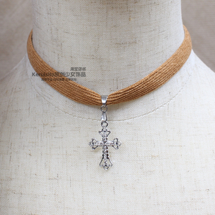 个性复古棕色卡其色锁骨链项链chocker蕾丝钻饰十字架甜酷废土辣