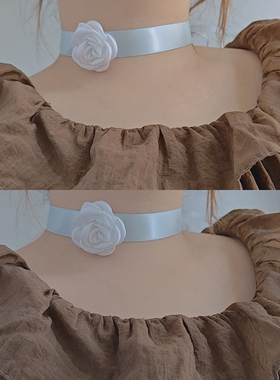 芭蕾风淡蓝色x白山茶花项圈项链缎带舞蹈choker颈饰绑带法式甜美