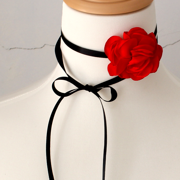 复古法式超仙黑红玫瑰花系带项链绑带choker长款颈链锁骨链防过敏