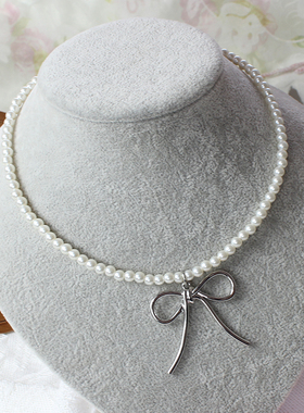 银色大蝴蝶结仿珍珠项链原创手作Lolita配饰少女甜妹甜酷辣妹龙心