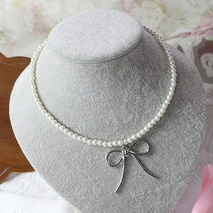 银色大蝴蝶结仿珍珠项链原创手作Lolita配饰少女甜妹甜酷辣妹龙心