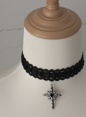 星芒十字架黑白蕾丝锁骨链项链颈饰惊慌choker日韩小钟配饰修女萝