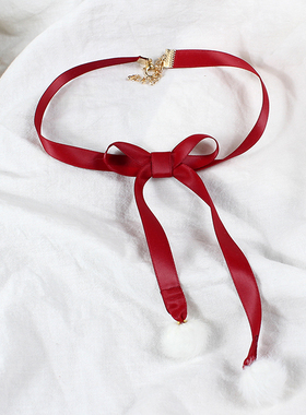 圣诞结&毛绒球锁骨链项链酒红氛围感少女choker双层可爱秋冬百搭