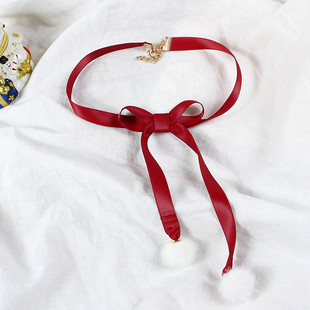 圣诞结&毛绒球锁骨链项链酒红氛围感少女choker双层可爱秋冬百搭