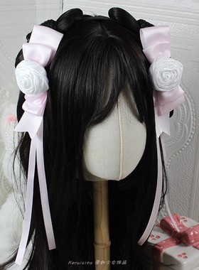 CLA茶会Lolita洛丽塔头饰发饰粉色蝴蝶结白色玫瑰花发夹边夹飘带