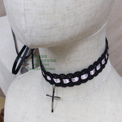 棉质蕾丝锁骨链项链chocker项圈大号细十字架甜酷辣妹小众独特女