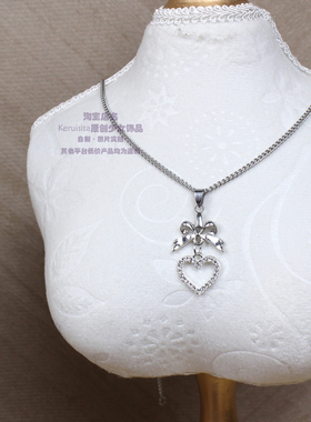 满钻心形日系ins量产型复古vintage蝴蝶结项链不锈钢小众miu可爱