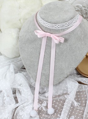 可爱淡粉色毛球蕾丝叠戴锁骨链项链项圈choker甜美Lolita日系少女