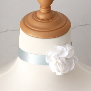 芭蕾风蓝白色颈间玫瑰花项圈项链缎带舞蹈choker颈饰绑带法式甜美