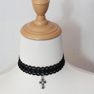 黑白蕾丝花边颈饰choker项链十字架珍珠钻修女饰品女仆日系酷辣妹