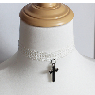 蕾丝黑色十字架修女甜酷项链锁骨链choker颈饰颈环罗马风少女复古