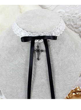 黑白十字架修女锁骨链项链choker项圈颈饰蕾丝女仆lolita蝴蝶结
