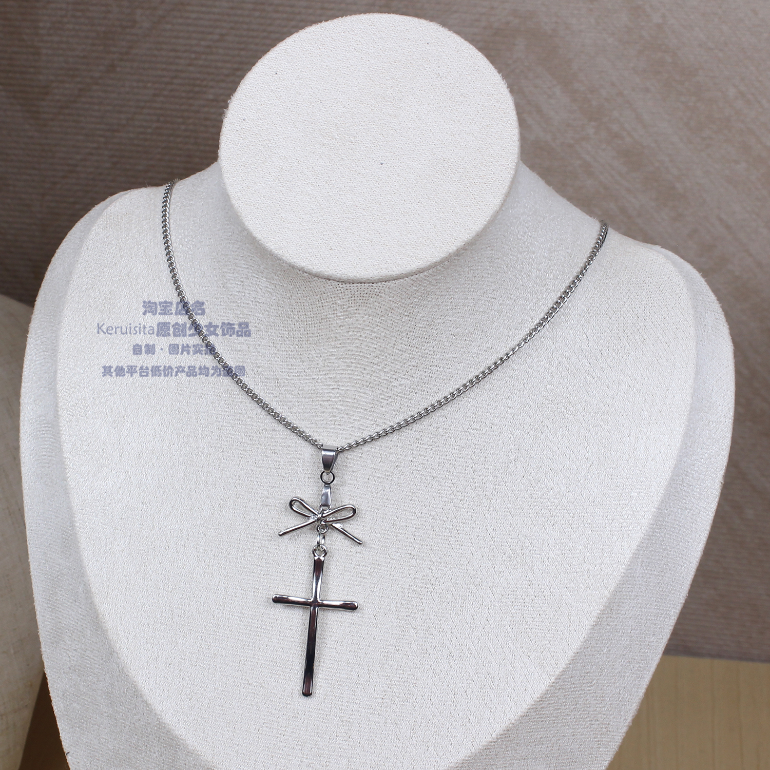 十字架亚文化可爱miu软妹甜妹量产少女不锈钢钛钢链条项链蝴蝶结