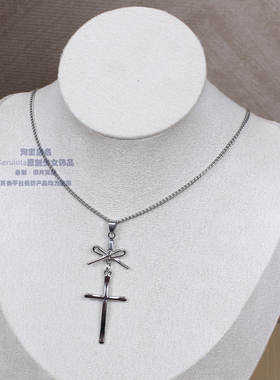 十字架亚文化可爱miu软妹甜妹量产少女不锈钢钛钢链条项链蝴蝶结