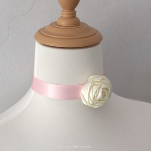 粉白玫瑰花朵颈饰choker项链锁骨链山茶花颈带配饰项圈缎带脖子夏