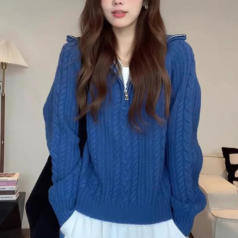 克莱因蓝半拉链翻领麻花毛衣女秋冬老钱慵懒风宽松内搭针织衫上衣
