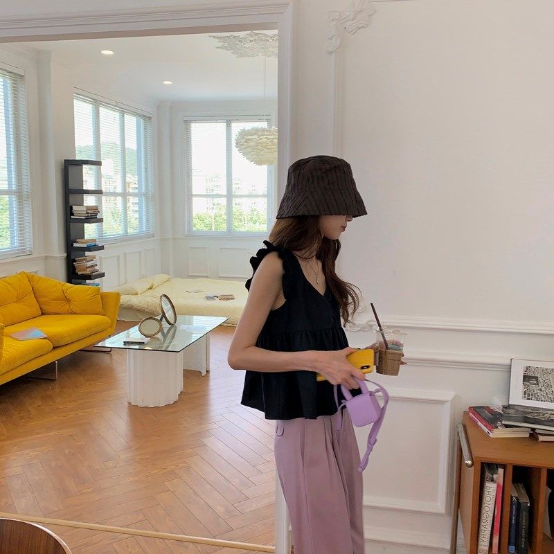 法式荷叶边吊带背心女夏设计感抽褶短款宽松无袖上衣小飞袖娃娃衫