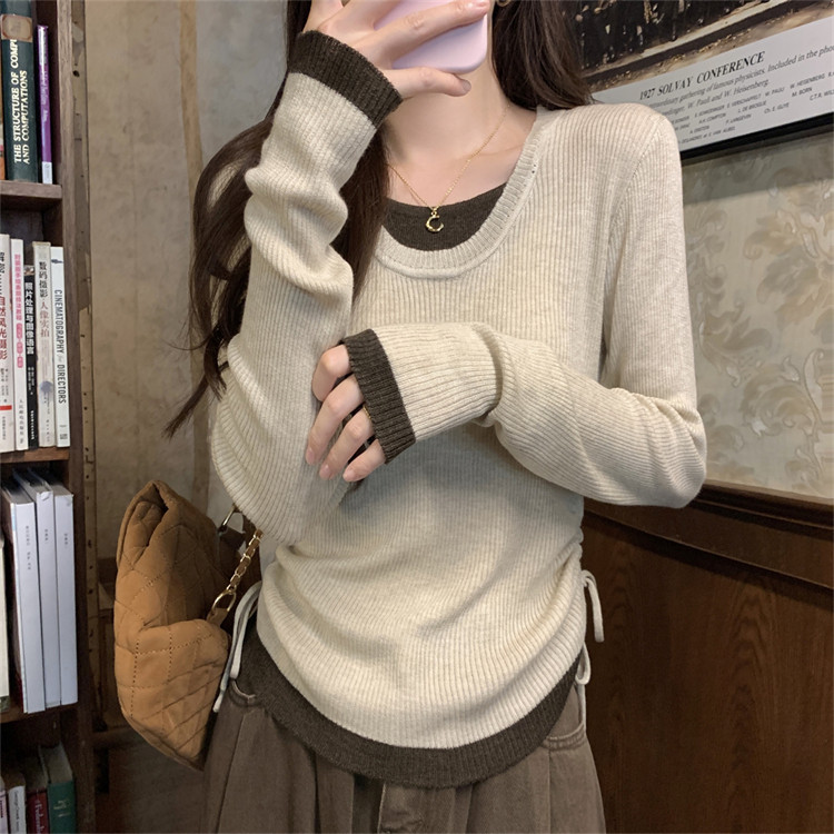 假两件撞色U领针织打底衫女秋季修身抽绳毛衣内搭韩系长袖上衣冬